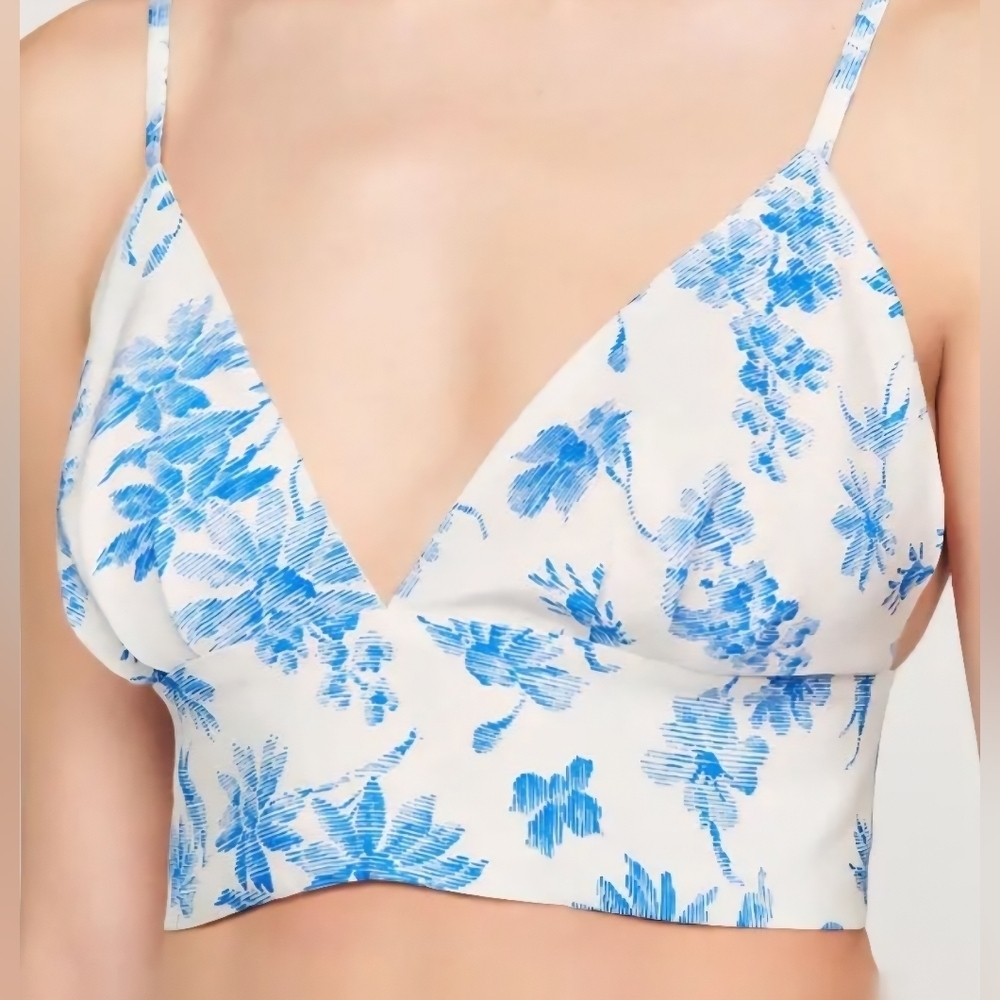 SANDRO Floral Blue WHITE CROP Bralette Top LINEN VISCOSE lined Size 1 S - Picture 15 of 15